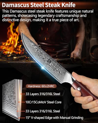 XINZUO 5Pcs Steak Knives Set, Non Serrated Dinner Knives with Drawer Knife Holder,67-layer Damascus Steel Kitchen Knife with Rose Wood Handle, Acacia Wood Knife Block - size: 4.9"