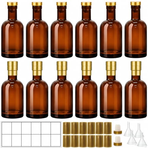 TBWIND 12 Pack 6oz/200ml Amber Glass Bottles with T-Top Corks | Airtight refillable bottles. For vanilla extract, maple syrup, hot sauce & homemade spirits. Includes funnels & labels - color: 6oz/ 200ml, size: Amber
