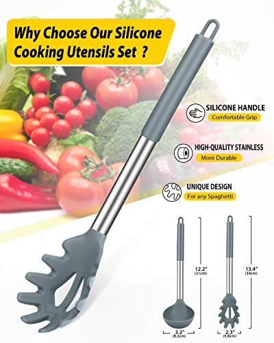 Silicone Pasta Fork and Ladle Spoon Set, Large Non Stick Kitchen Utensils for Cooking,Stirring,Serving Spaghetti, Soup, Sauce (GRAY) - color: Gray