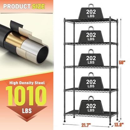 Romorgniz 5-Tier Shelf 1010LBS Storage Shelves Adjustable Wire Shelving,Tool-Free Assembly,Metal Shelving Unit for Kitchen Pantry Closet Laundry Bathroom 59" Hx21.7 Wx13.8 D - size: 59"Hx21.7"Wx13.8"D-Black