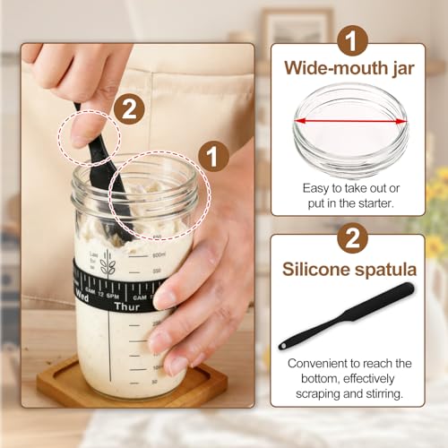 24 oz Wide Mouth Sourdough Starter Jar Kit, Glass Fermentation Container with Date Marker, Thermometer, Silicone Scraper & Lids, Airtight Glass Storage Canister for Homemade Bread Baking, Complete Sourdough Baking Supplies