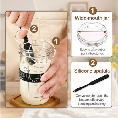 24 oz Wide Mouth Sourdough Starter Jar Kit, Glass Fermentation Container with Date Marker, Thermometer, Silicone Scraper & Lids, Airtight Glass Storage Canister for Homemade Bread Baking, Complete Sourdough Baking Supplies