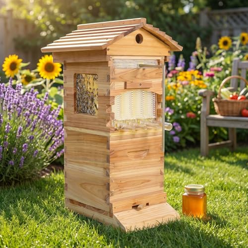 Bee Hive,Auto-Harvest Honey Beehive Wooden Box,Auto Bee Hives Boxes Starter kit with with Observation Chamber,Beehives and Supplies Starter Kit for Beekeepers