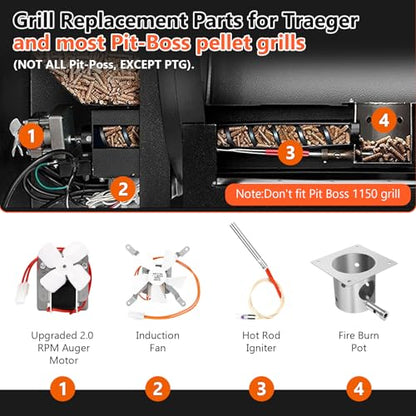 SUS304 Stainless Steel Fire Burn Pot and Hot Rod Ignitor Kit Replacement Parts for Traeger & Pit Boss Wood Pellet Grill Smoker, Induction Fan, 2.0 RPM Auger Motor with Ash Remover, Screws & Fuse - size: L1 Fire Burn Pot + Ignitor + Motor + Fan