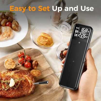 Smart Wireless Meat Thermometer, Digital Cooking Thermometer with Dual High-Accuracy Sensors, Ceramic Heat-Resistant Probe, Instant Read LCD & App Control for Kitchen,BBQ, Oven,Grill,Air Fryer, Black
