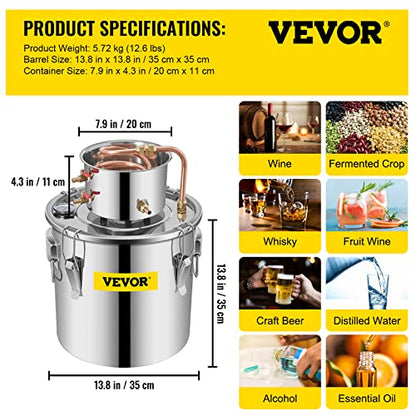 VEVOR Alcohol Still 8Gal/30L Alcohol Distiller Stainless Steel Distillery Kit for Alcohol With Copper Tube & Pump Home Brewing Kit Build-in Thermometer for DIY Whisky Wine Brandy