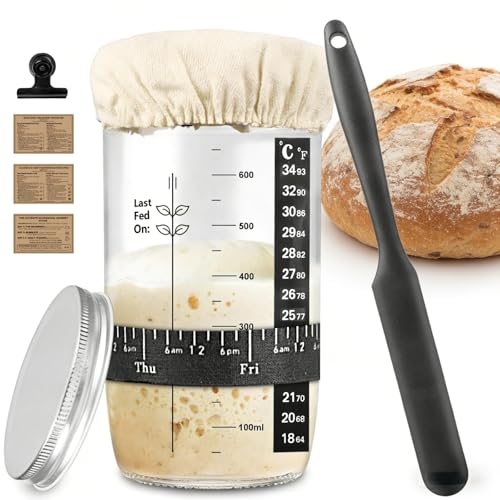 Sourdough Starter Kit for Beginners, 34oz Wide Mouth Sourdough Starter Jar with Guide & Recipes, Fridge Magnet Clip, Thermometer, Feeding Band, Spatula, Cloth & Aluminum Lid, Bread Baking Supplies