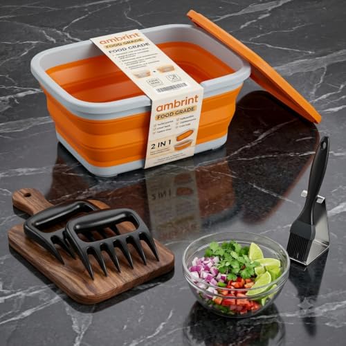 Medium 8L BBQ Prep Tub with Lid & 2 pcs Meat Shredder Claws, Collapsible Cutting Board for Brisket, BBQ Tray for Meal Prep marinating, Versatile Kitchen Container for Meat & Food storage
