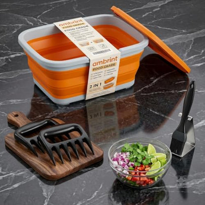 Medium 8L BBQ Prep Tub with Lid & 2 pcs Meat Shredder Claws, Collapsible Cutting Board for Brisket, BBQ Tray for Meal Prep marinating, Versatile Kitchen Container for Meat & Food storage