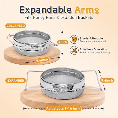 BeeCastle Double Sieve Honey Harvesting Starter Kit| Honey Filters Strainer Stainless Steel Set of 6 -Double Sieve Honey Strainer,Frame Holder,2 Pack of Honey Gate,Uncapping Fork and Honey Filter Bag