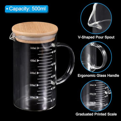 PATIKIL 500ml Glass Measuring Cup, 2 Pack 3.3 Borosilicate Glass Graduated White Printed Scale Liquid Measure Cups Beaker with Wood Lid and V-Shaped Spout for Kitchen - size: 500ml