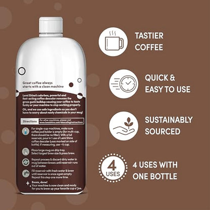 Lemi Shine Coffee Descaler - Made with Food-Grade Citric Acid - 15 oz | Removes Tough Buildup - Food-Grade Citric Acid Coffee Maker Cleaner for Nespresso, Keurig, and More - size: 15 Ounce (Pack of 1)