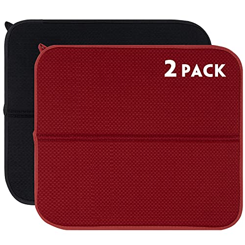 FRESHMINT 2 Pack Dish Drying Mat, 16"x18” Large Dish Drying Mats for Kitchen Counter, Microfiber Absorbent Dish Drying Pad, Dish Drainer Mats for Countertops, Rack, Sink - color: Black/Red, size: 16''X18''