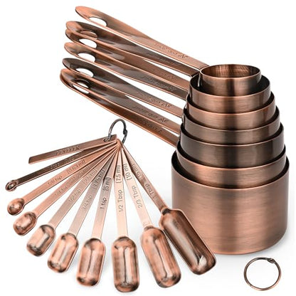 Measuring Cups and Spoons Set, Copper Measuring Cups and Spoons Set 17, Stainless Steel Metal 7 Measuring Cups and 9 Measuring Spoons with 1 Leveler for Kitchen & Baking - color: Copper