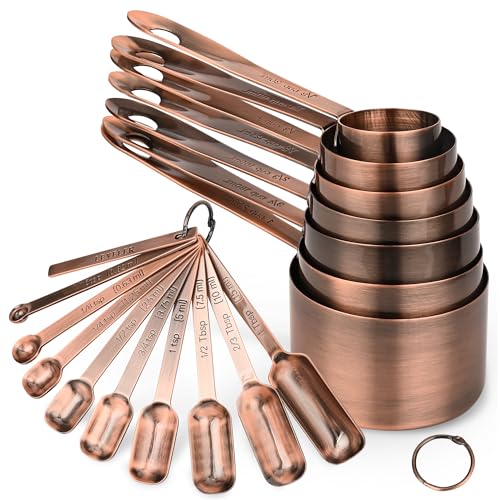 Measuring Cups and Spoons Set, Copper Measuring Cups and Spoons Set 17, Stainless Steel Metal 7 Measuring Cups and 9 Measuring Spoons with 1 Leveler for Kitchen & Baking - color: Copper