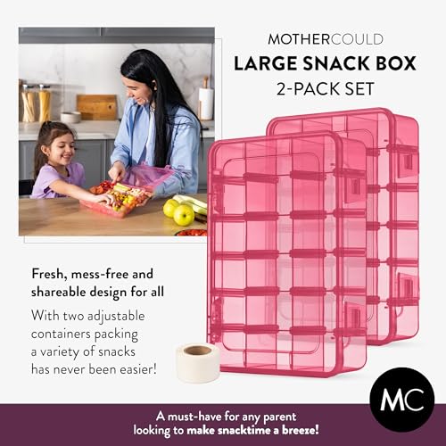 Large Kids Snack Box Containers Set of 2 -100 Labels, BPA-Free, Adjustable Compartments, Dishwasher Safe, Reusable Tray, Food Grade, Meal Prep Container, PARENT TESTED PARENT APPROVED AWARD (Pink) - color: Pink, size: Large