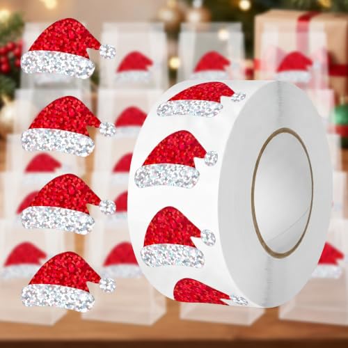 500Pcs Santa Hat Stickers Roll, Glitter Christmas Labels, Classroom Reward Envelope Seals, Xmas Holiday Party Favors Goodie Bag Fillers, Package Wrapping Decorations - color: 500pcs- Santa Hat