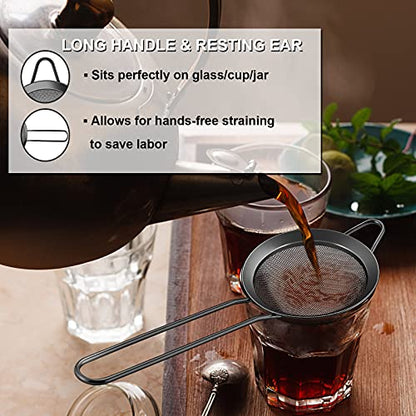 Black Small Strainer Set of 2, E-far 3.3 Inches Stainless Steel Fine Mesh Sieve with Long Handle, Metal Conical Strainers for Tea Cocktail Coffee Food, Rust Proof & Easy to Clean - color: Black-2