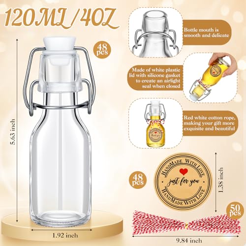 FoldTier 48 Pcs Mini Flip Top Glass Bottle Flip Top for Homemade Vanilla Limoncello Extract Bottles with Caps Stickers for Holiday DIY Crafts Wedding Baby Shower Favors(4 oz) - size: 4 oz