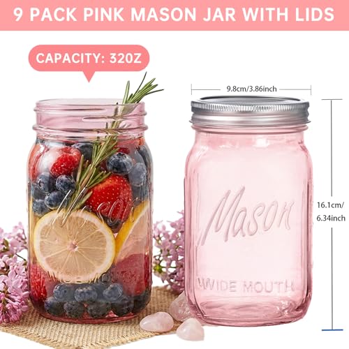 SUT Wide Mouth Mason Jars 32 oz,9 Pack Quart Mason Jars With Airtight lids and Bands,Pink Canning Jars 32 oz for Preserving,Meal Prep,Overnight Oats,Fermenting, Pickling - color: Pink