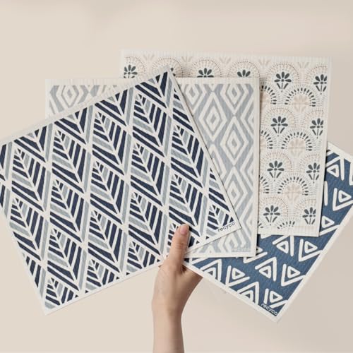 RECYCO Swedish Dishcloths for Kitchen | 4 Pack Oversized Washable Dish Rags | Large Cellulose Reusable Cleaning Paper Towels | Absorbent Counter Dish Cloth Sponge XL Kitchen Wipes, 12" L x 10" W - color: Beige & Gray - XL 4 Pack