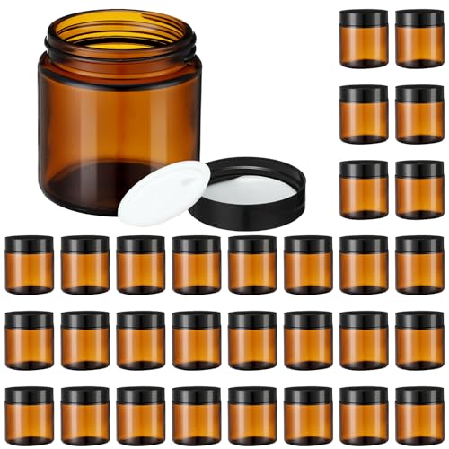 30 Pcs 4 oz Amber Glass Jars with Black Lids Leakproof Round Airtight Jars Empty Cosmetic Jars with Inner Liners Lid for Candle Making Storing Lotions Spice Powder Liquid Sample Makeup (Black,Amber) - color: Amber, size: 4 oz(30 Pcs)