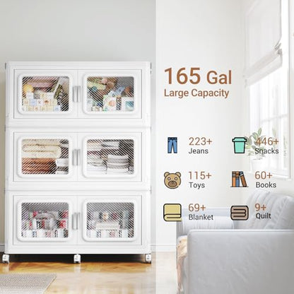 BROVIEW 660Qt Extra Large Stackable Storage Bins with Lids,165Gal Stackable Storage Bins Open Front with Wheels, Plastic Storage Cart Organizer and Storage for Home Kitchen, 3 Packs, White