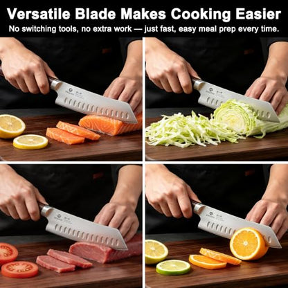 imarku Santoku Chef Knife 7 Inch, Ultra Sharp High Carbon Stainless Steel Japanese Kitchen Knife with Hollow Edge | Ergonomic Pakkawood Handle, Gift Box for Meat/Vegetables/Tomatoes & Daily Cooking - color: Arctic Silver