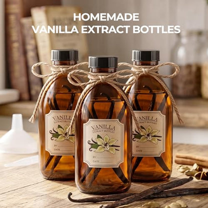 8 Pack 8oz Vanilla Extract Bottles, Amber Glass Bottles with Caps and Labels Small Boston Round Bottles for Homemade Gifts, Essential Oils, Potions, Tinctures & Liquids - Airtight & Leakproof - size: 8 Pack