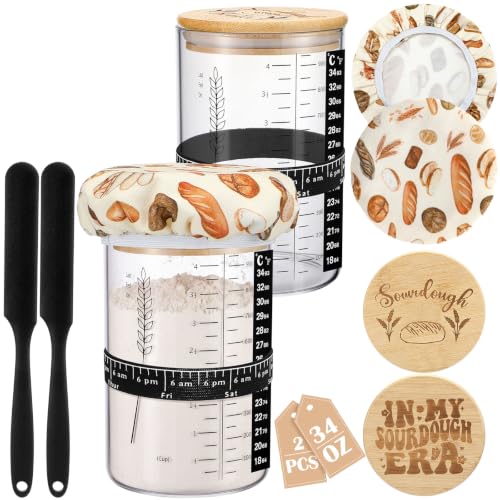 Teecyhooo 2 Set Sourdough Starter Jar Kit, Wide Mouth Fermentation Baking Jar with Spatula, Cloth Cover & Bamboo Lid, Band, Date Tracker, Sourdough Bread Supplies for Sour Dough Lover (34 oz,Style A) - size: 34 oz