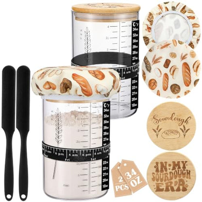 Teecyhooo 2 Set Sourdough Starter Jar Kit, Wide Mouth Fermentation Baking Jar with Spatula, Cloth Cover & Bamboo Lid, Band, Date Tracker, Sourdough Bread Supplies for Sour Dough Lover (34 oz,Style A) - size: 34 oz