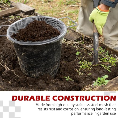 Round Soil Sifter (1/4-inch Mesh) Stainless steel with handle for 5-Gallon Bucket,Commonly Used with Soil, Sand, Gravel, and Other Media，Easy to Feel, Galvanized Without Rusting