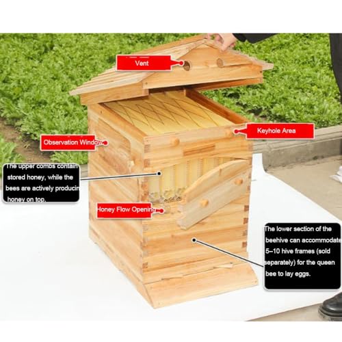 Self-Flow Honey Beehive Box, Natural Pine Wooden Beekeeping Hive Kit with Sloped Rainproof Roof, Reusable Honey Comb Frames for Backyard Beekeeping Supplies