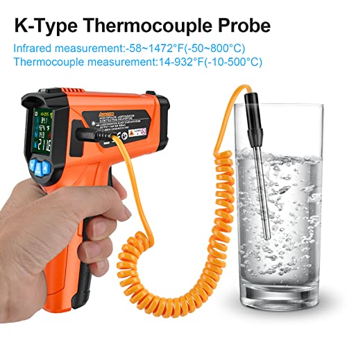 Infrared Thermometer Gun, TEMIRUP Digital Laser Temperature Gun, -58°F to 1472°F, Non Contact IR Temp Gun with Color LCD for Industrial, Cooking, Griddle, Engine, HVAC,Adjustable Emissivity & Humidity - color: Orange -58°F~1472°F (-50°C~800°C)