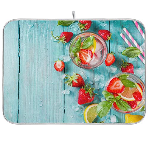 Absorbent Dish Drying Mat for Kitchen Counter - Strawberry Blue Wooden Microfiber Drying Pad, Reversible Drainer Mats for Countertop, Small 16" x 18" - color: Strawberry Blue Wooden, size: 16x18(in)x1