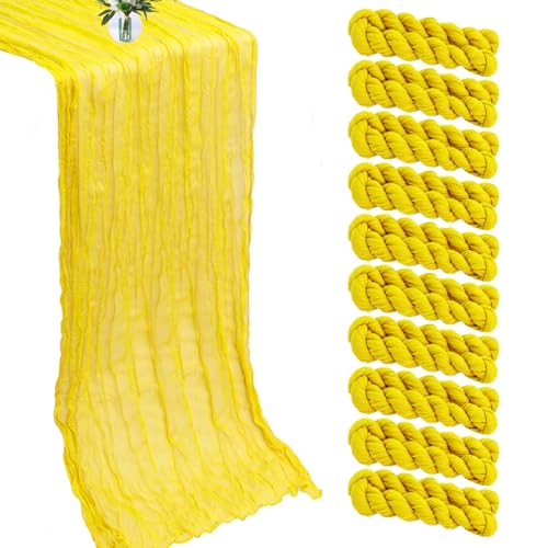 10 Pack Yellow Cheesecloth Table Runner -21*120Inch Long Boho Wedding Table Decor, Rustic Gauze Fabric Runner for Bridal Showers, Baby Showers & Parties (Sheer, Lightweight, Wrinkled Design) - color: Yellow, size: 120*21-10pack