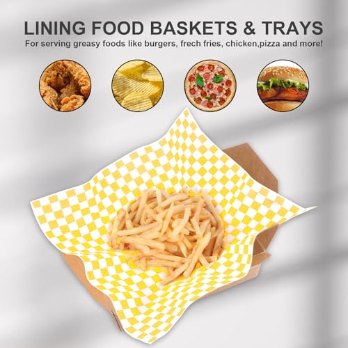 100pcs Deli Paper Sheets 12x12", Premium Food Basket Liners, Grease Resistant Wax Paper Sheets for Food, Classic Checkered Sandwich Wrapping Paper (Yellow & White) - color: Yellow & White