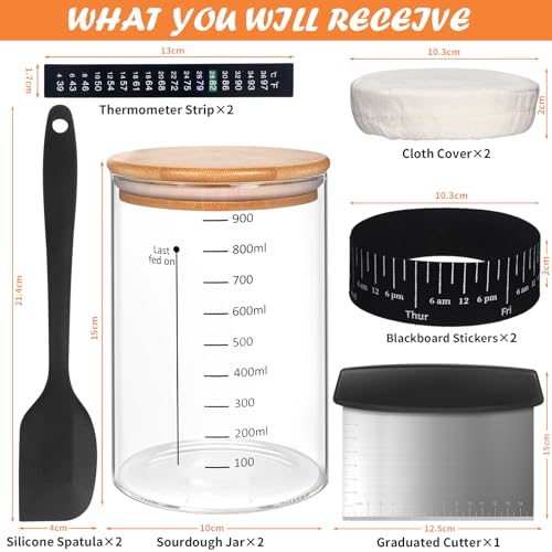 Kmise 2 Pack Pro Sourdough Starter Jar, 34 Oz Large Capacity DIY Glass Sourdough Starter Jar Kit With Thermometer, Date Marked Feeding Band, Cloth Cover, Spatula and Cutter - Reusable baking supplies - color: White