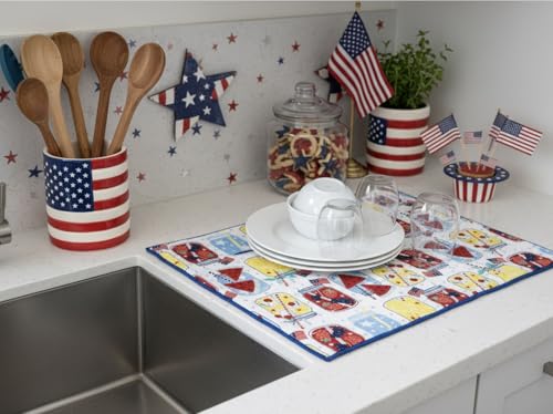 Serafina Home Patriotic Dish Drying Mat, Mason Jar Design, Red White Blue, Cotton, 15" x 20", Machine Washable, 4th of July Kitchen Décor - color: patriotic mason jars