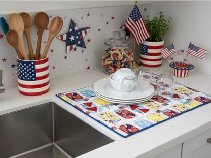 Serafina Home Patriotic Dish Drying Mat, Mason Jar Design, Red White Blue, Cotton, 15" x 20", Machine Washable, 4th of July Kitchen Décor - color: patriotic mason jars