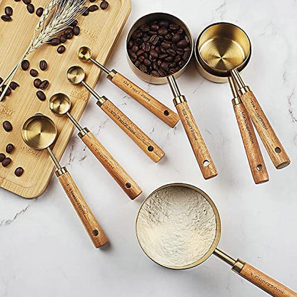 GuDoQi 8Pcs Gold Measuring Cups and Spoons Set, Wooden Handle, Premium Stainless Steel with Metric & US Measurements, Nesting for Dry/Liquid Kitchen/Food/Baking - color: Golden