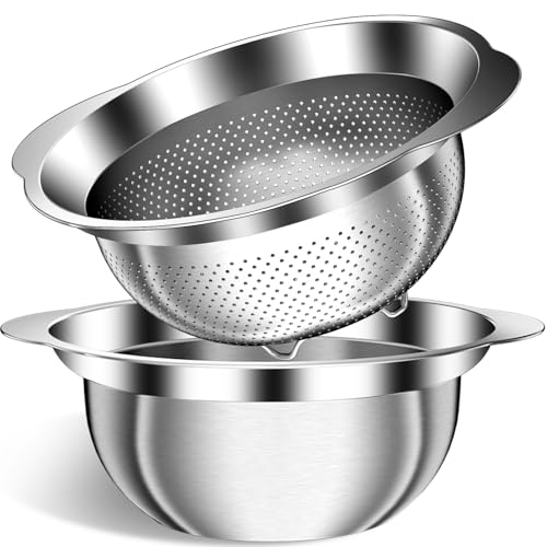 3.5QT Colander with Bowl, Rice Strainer, Stainless Steel Mixing Bowls with Strainer, Pasta Strainer, Colander for Kitchen for Rice Pasta Fruits Vegetables, Rice Cleaner Strainer, Dishwasher Safe - size: 3.5+3.5QT Bowl