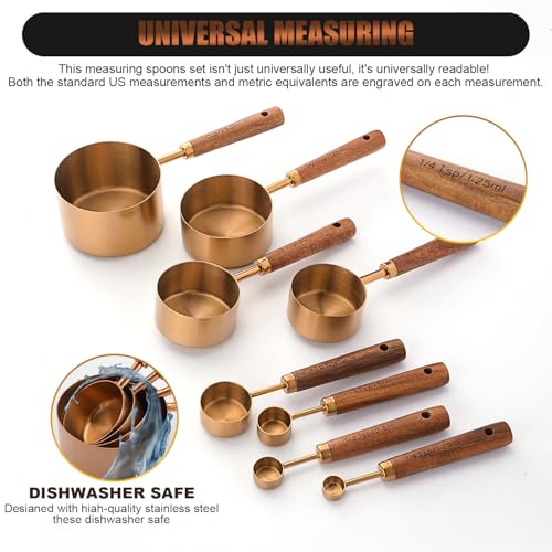 SHIKORI Gold Measuring Cups and Spoons Set with Wood Handles, Premium Stainless Steel Measuring Spoons and Measuring Cups Set, For Cooking and Baking in the Kitchen (Bronze) - color: Bronze