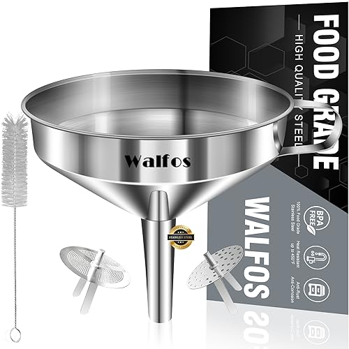 Large Stainless Steel Funnel, Walfos Kitchen Funnel with 2 Removable Strainer ＆ 1Pc Cleaning Brush, Perfect for Transferring of Liquid, Oils, Jam, Dry Ingredients & Powder (Big, 5.7") - color: 1pcs funnel 5.7 inch