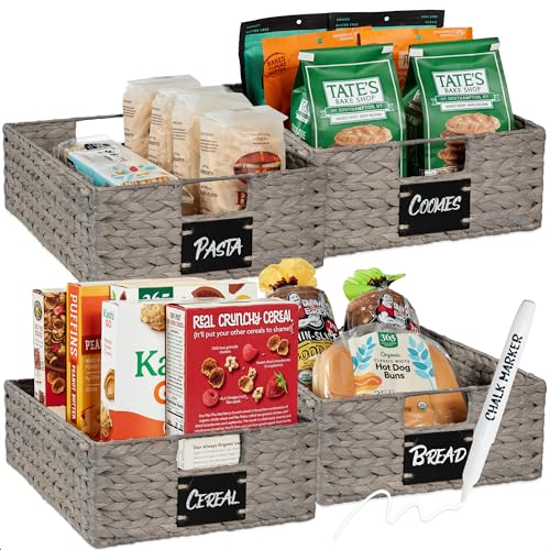 Best Choice Products 40.6 x 30.5cm(16 x 12인치) 대형 부레옥잠 식료품 저장실 바구니 4개 세트, 칠판 라벨이 있는 우븐 오거나이저, 초크 마커 - 그레이 - color: 회색., size: 12x16x5in