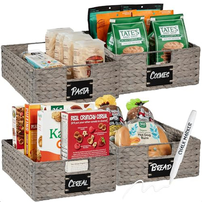 Best Choice Products 40.6 x 30.5cm(16 x 12인치) 대형 부레옥잠 식료품 저장실 바구니 4개 세트, 칠판 라벨이 있는 우븐 오거나이저, 초크 마커 - 그레이 - color: 회색., size: 12x16x5in
