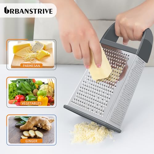 Urbanstrive Cheese Grater With Container, Professional Cheese Grater with Handle, Stainless Steel Graters for Kitchen Handheld, Box Grater with 4 Sides for Vegetables, Ginger, Potatoes (Grey) - color: Gray