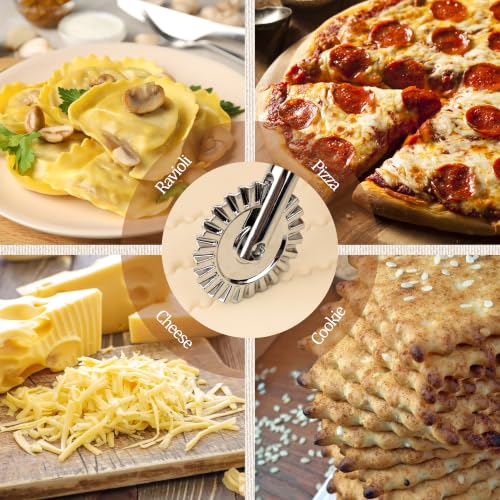 Pastry Cutter Wheel, Crinkle Wheel with Beech Wood Handle | 304 stainless steel crinkle blade, beech wood handle, multi-use for pizza pasta pastry cookie ravioli, 5 variants - color: Short Handle Small Cutter Wheel