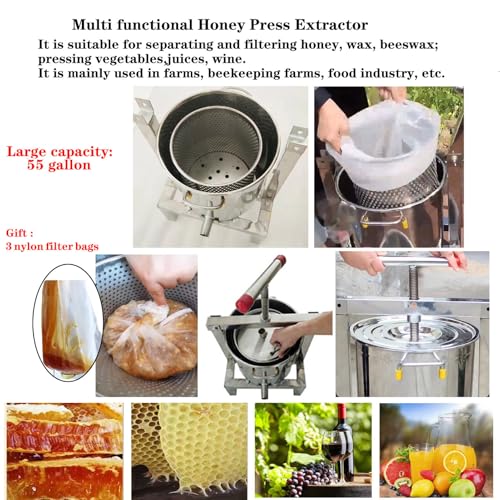 Honey Press Extractor Wax Machine Stainless Steel Honey Press Beeswax Machine Manual Large Bee Honey Presser Fruit Wine Press For Honey Wine Juice Vegetables Olive Oil Making