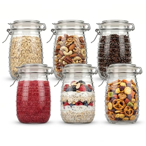 32 oz 6Pack Glass Mason Jars with Airtight Clip-Top Lids, Wide Mouth Reusable Glass Canning Storage Containers Jars for Kitchen, Jams, Pickling, Coffee Beans & Meal Prep (32 oz)